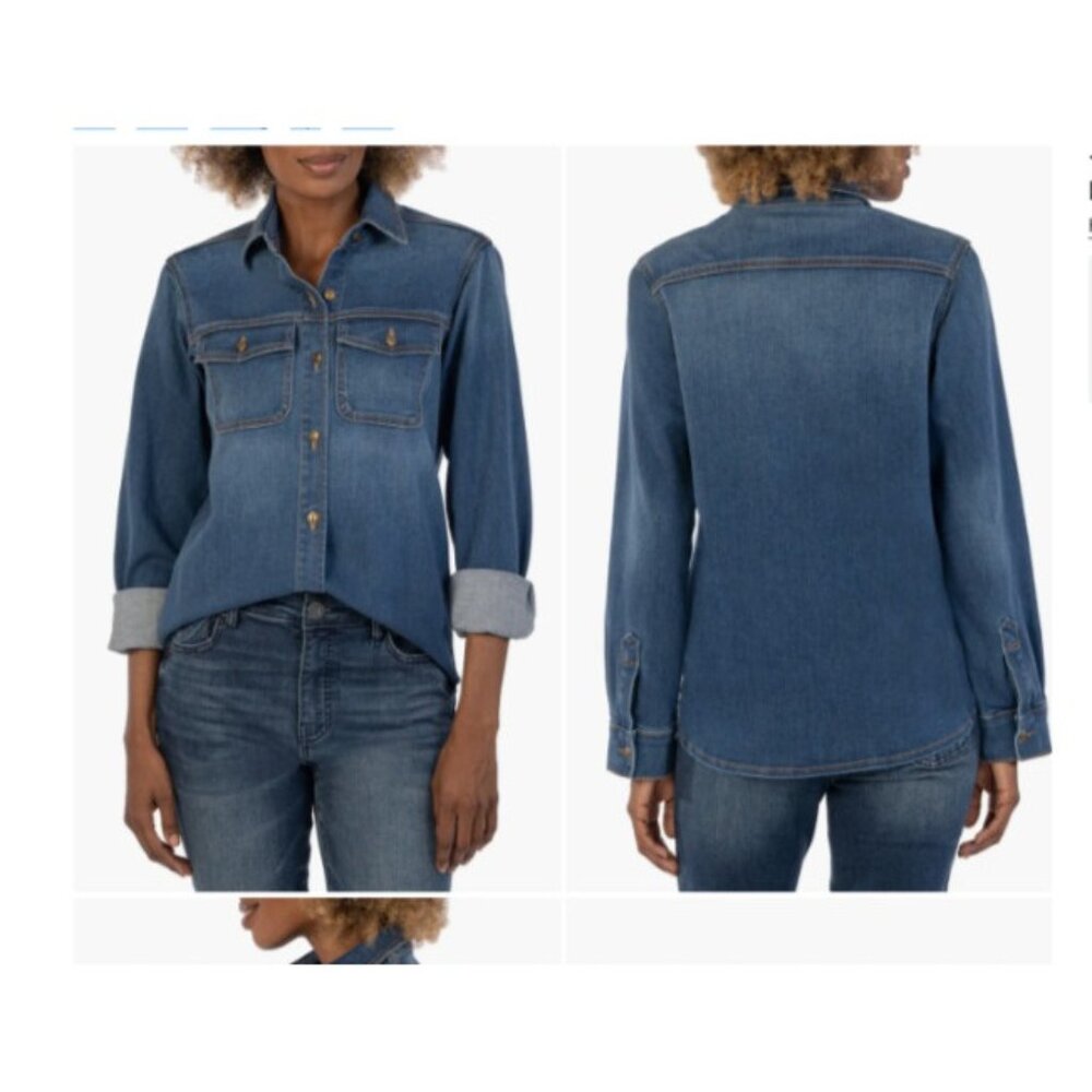 KUT Blue Denim Long Sleeve Button-Up Pocket Romy Shirt Jacket Large Nordstrom - Picture 1 of 7